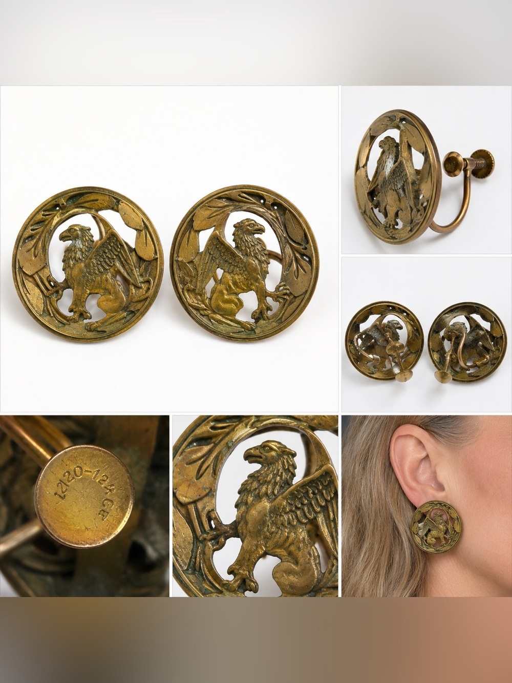 Antique Art Nouveau Griffin Screw Back Earrings c.1905–1915 Mythical Beast Brass